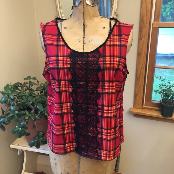 Plaid lace shell tank blouse medium - Picture 2 of 5